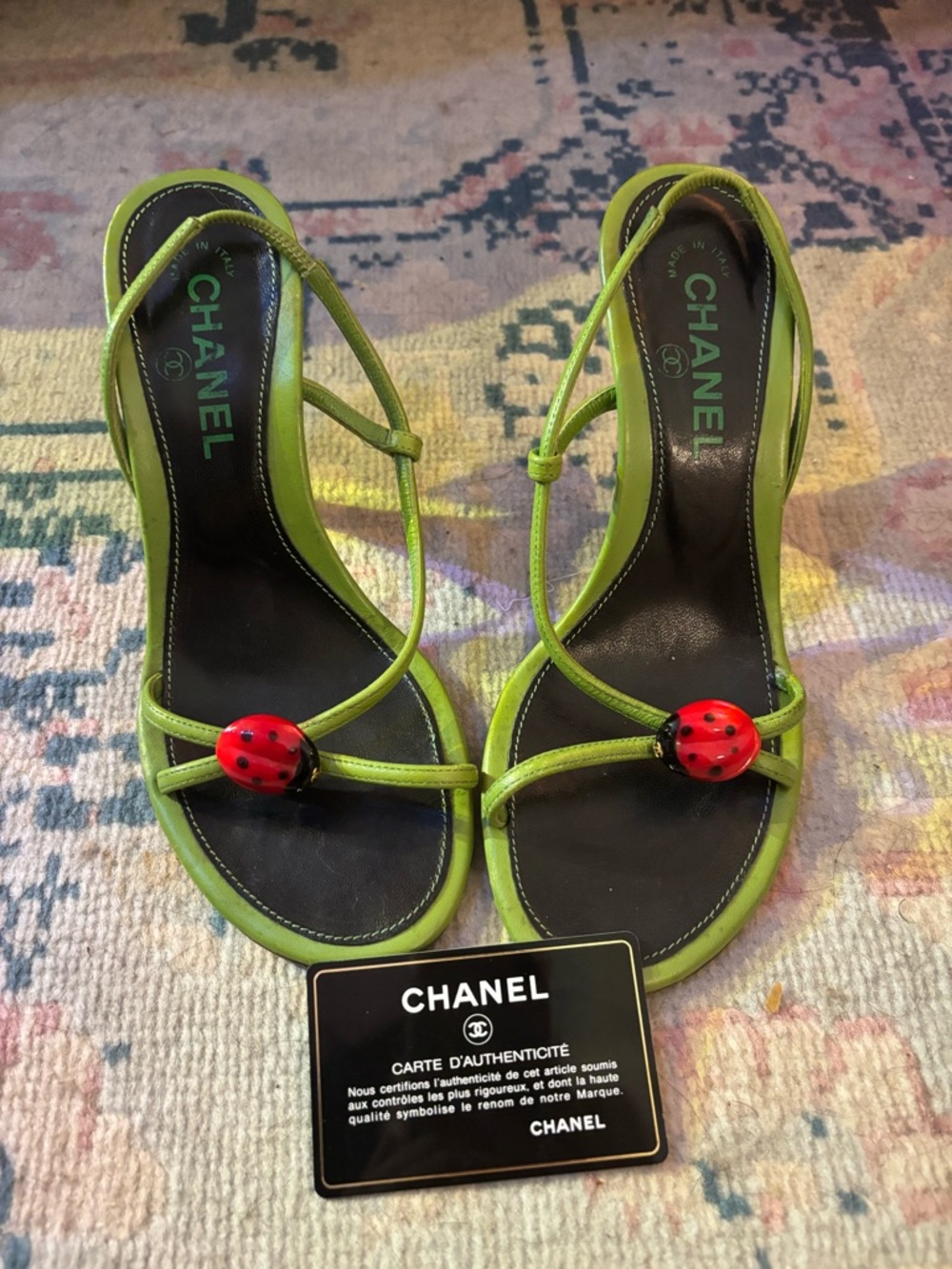 size 7 CHANEL Neon Green Strappy Heels with Red Ladybug Accent